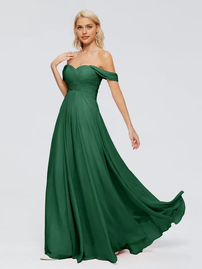 Simple A-Line Off-The-Shoulder Sleeveless Chiffon Pleated Floor-Length Bridesmaid Dress