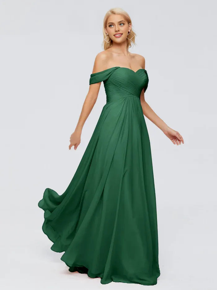 Simple A-Line Off-The-Shoulder Sleeveless Chiffon Pleated Floor-Length Bridesmaid Dress