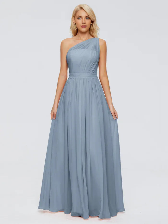 Simple A-Line One-shoulder Sleeveless Chiffon Pleated Floor-Length Bridesmaid Dress