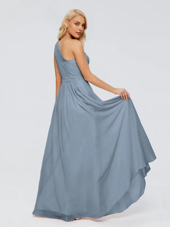 Simple A-Line One-shoulder Sleeveless Chiffon Pleated Floor-Length Bridesmaid Dress