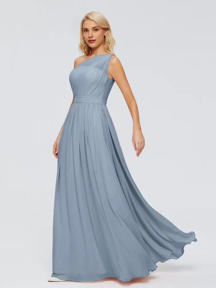 Simple A-Line One-shoulder Sleeveless Chiffon Pleated Floor-Length Bridesmaid Dress