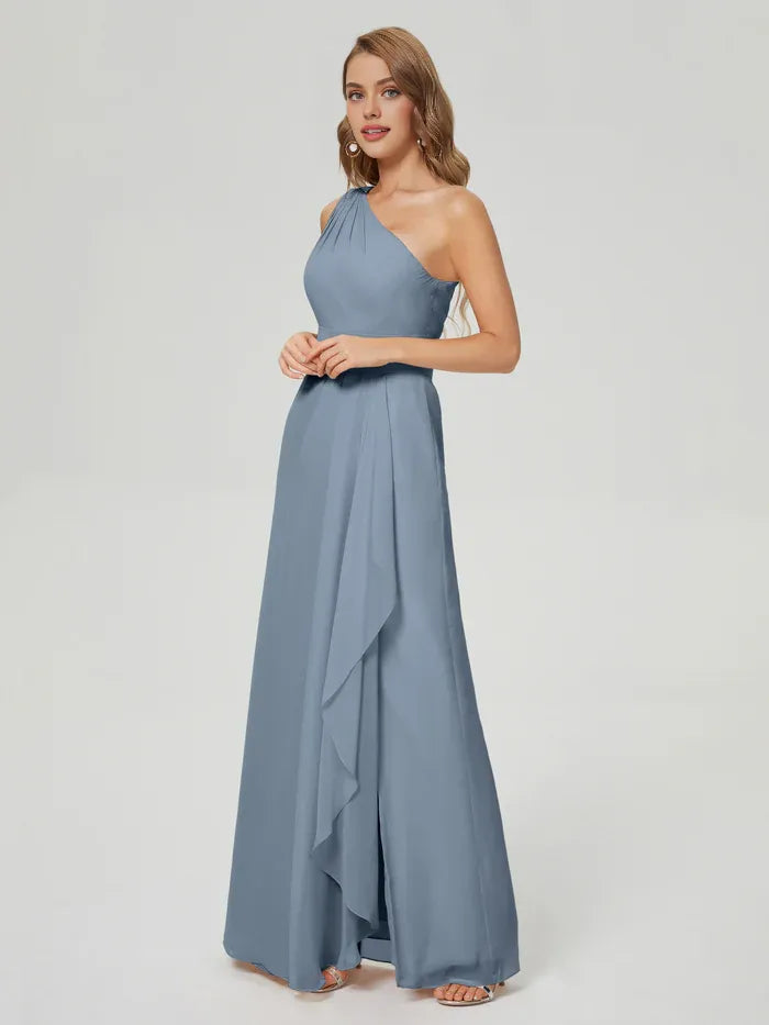 Simple A-Line One Shoulder Sleeveless Chiffon Side Slit Floor-Length Bridesmaid Dress