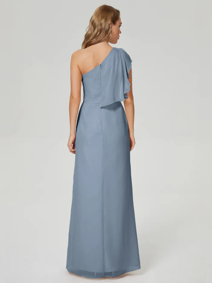 Simple A-Line One Shoulder Sleeveless Chiffon Side Slit Floor-Length Bridesmaid Dress