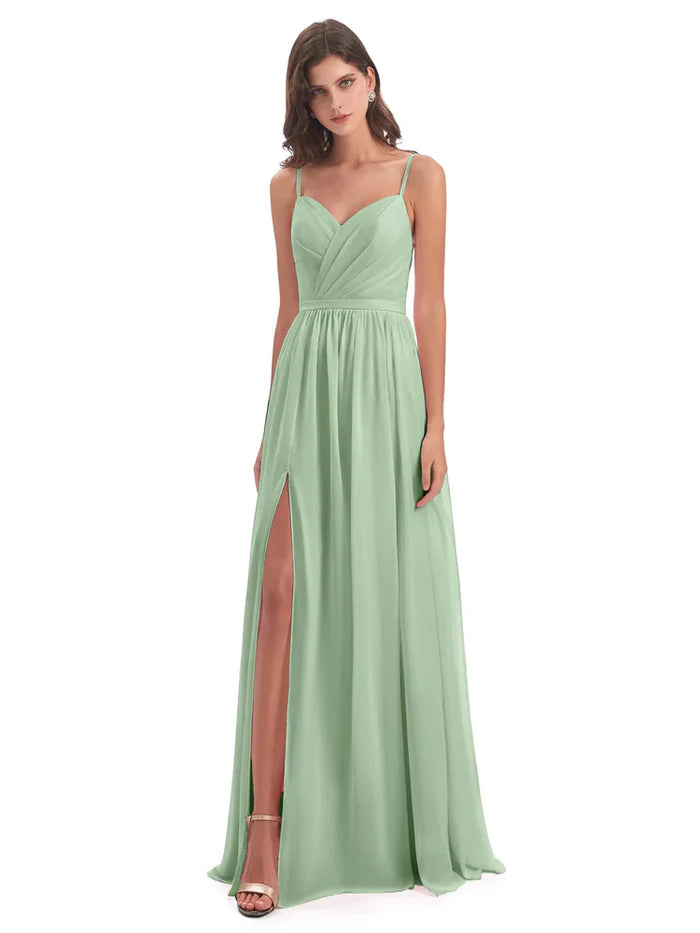 Simple A-Line Spaghetti Straps Sleeveless Chiffon Pleated Floor-Length Bridesmaid Dress