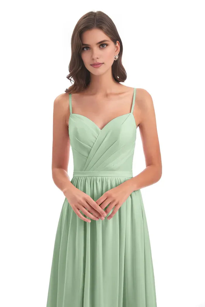 Simple A-Line Spaghetti Straps Sleeveless Chiffon Pleated Floor-Length Bridesmaid Dress