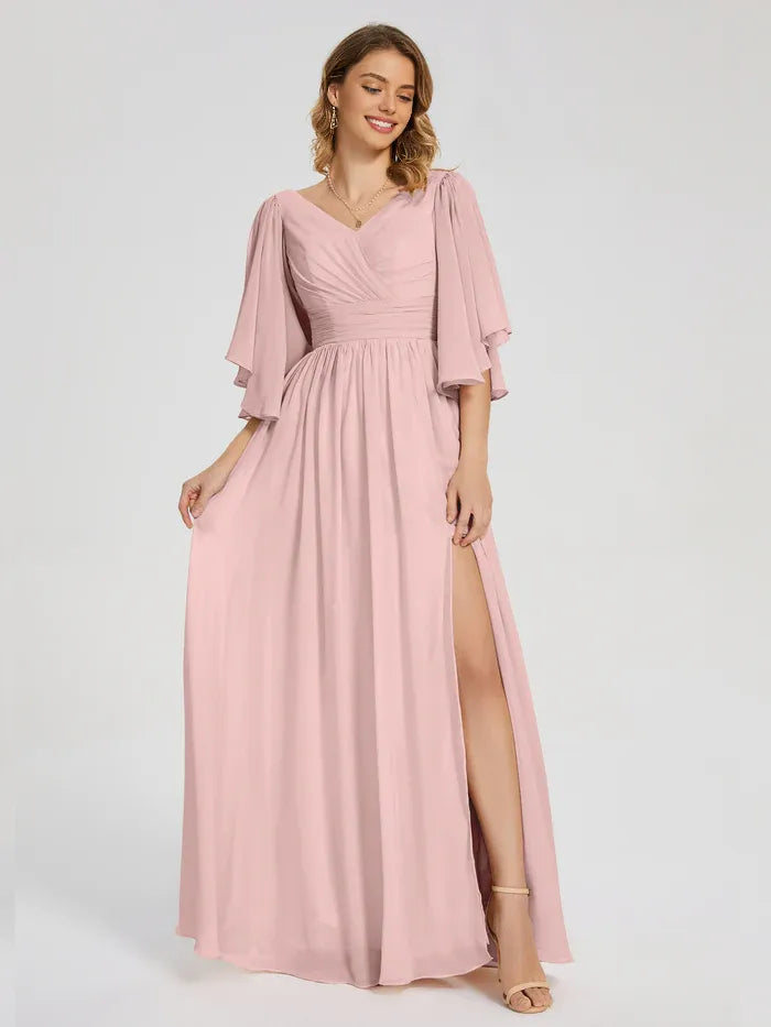 Simple A-Line V-neck Half Sleeves Chiffon Side Slit Floor-Length Bridesmaid Dress