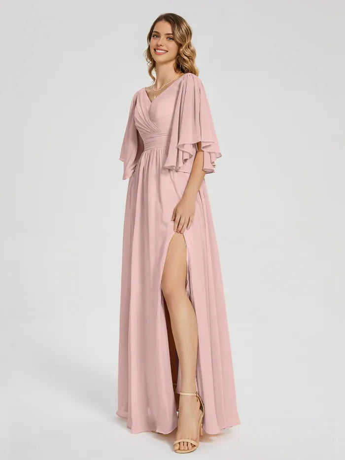 Simple A-Line V-neck Half Sleeves Chiffon Side Slit Floor-Length Bridesmaid Dress
