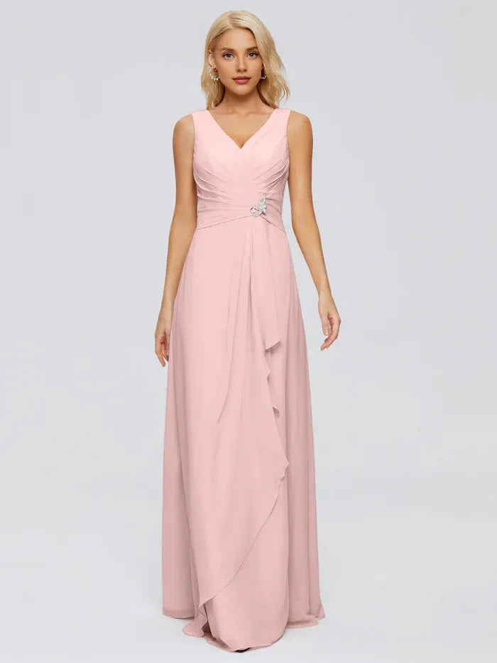 Simple A-Line V Neck Sleeveless Chiffon Pleated Floor-Length Bridesmaid Dress