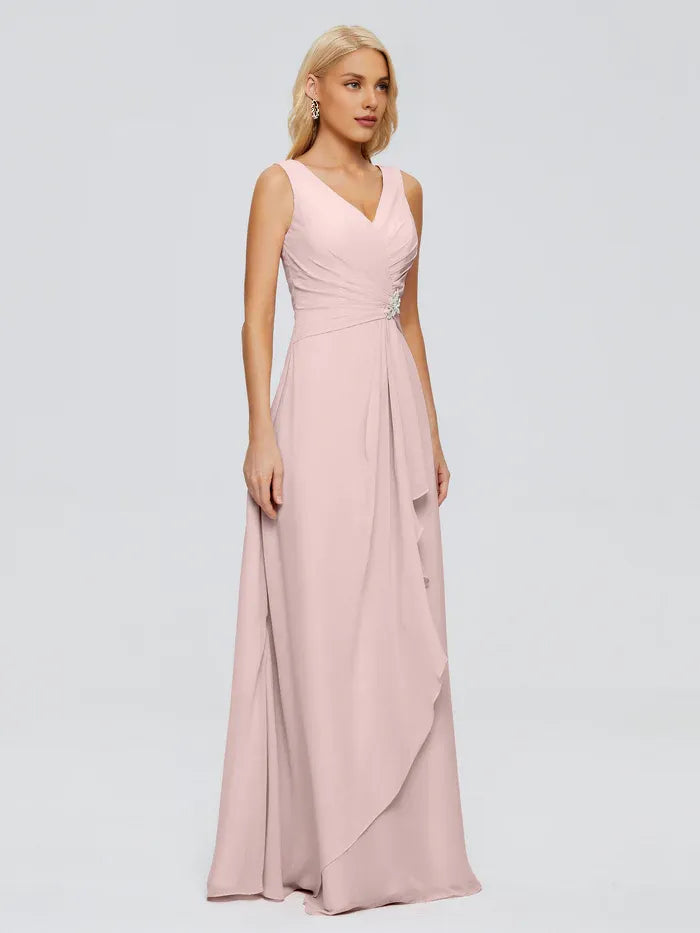 Simple A-Line V Neck Sleeveless Chiffon Pleated Floor-Length Bridesmaid Dress
