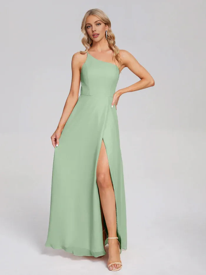 Simple A-line One Shoulder Sleeveless Chiffon Slit Floor-Length Bridesmaid Dress