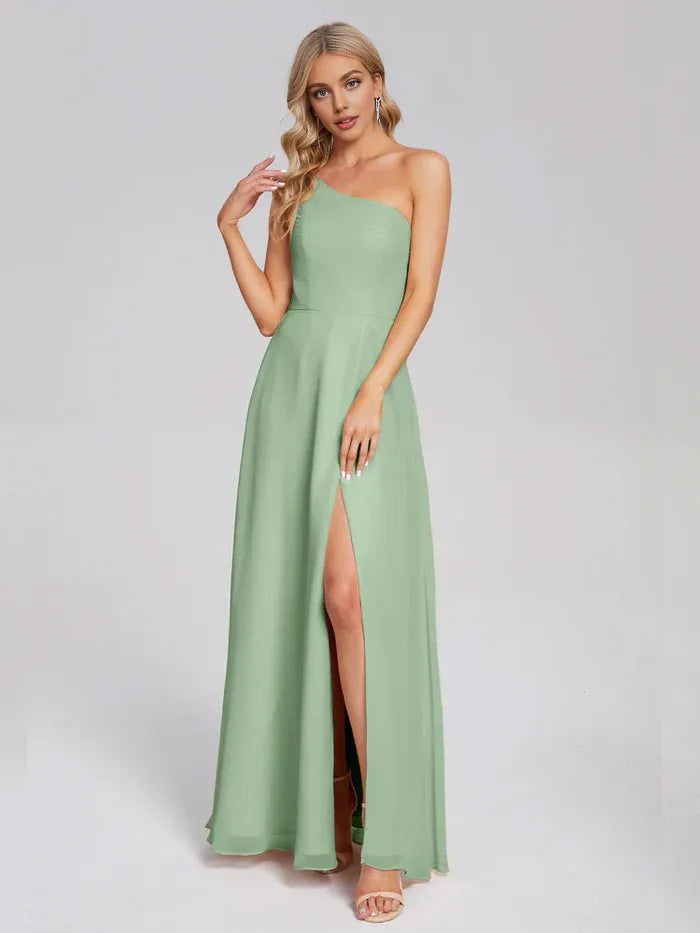 Simple A-line One Shoulder Sleeveless Chiffon Slit Floor-Length Bridesmaid Dress