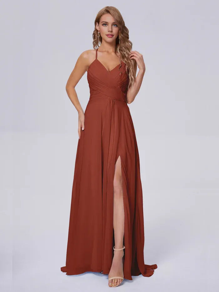 Simple A-line Spaghetti Straps Sleeveless Chiffon Pleated Floor-Length Bridesmaid Dress