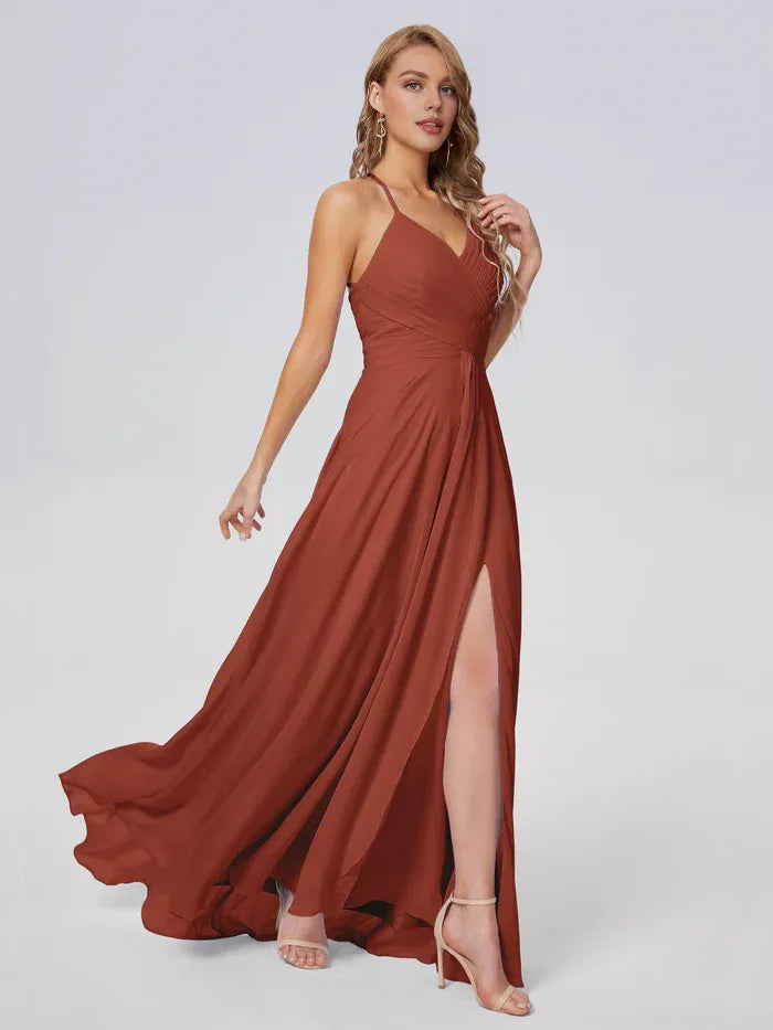Simple A-line Spaghetti Straps Sleeveless Chiffon Pleated Floor-Length Bridesmaid Dress