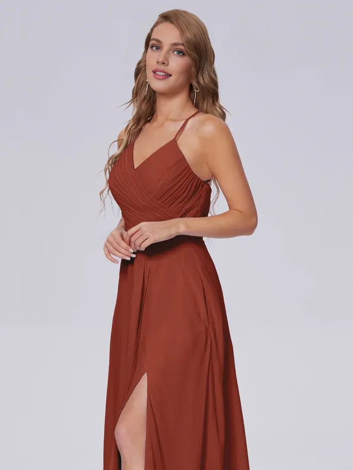 Simple A-line Spaghetti Straps Sleeveless Chiffon Pleated Floor-Length Bridesmaid Dress