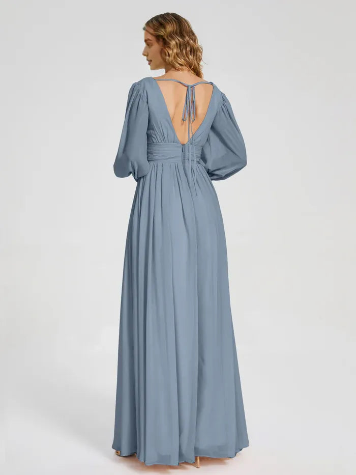 Simple A-line V-neck Long Sleeves Chiffon Pleated Floor-Length Bridesmaid Dress