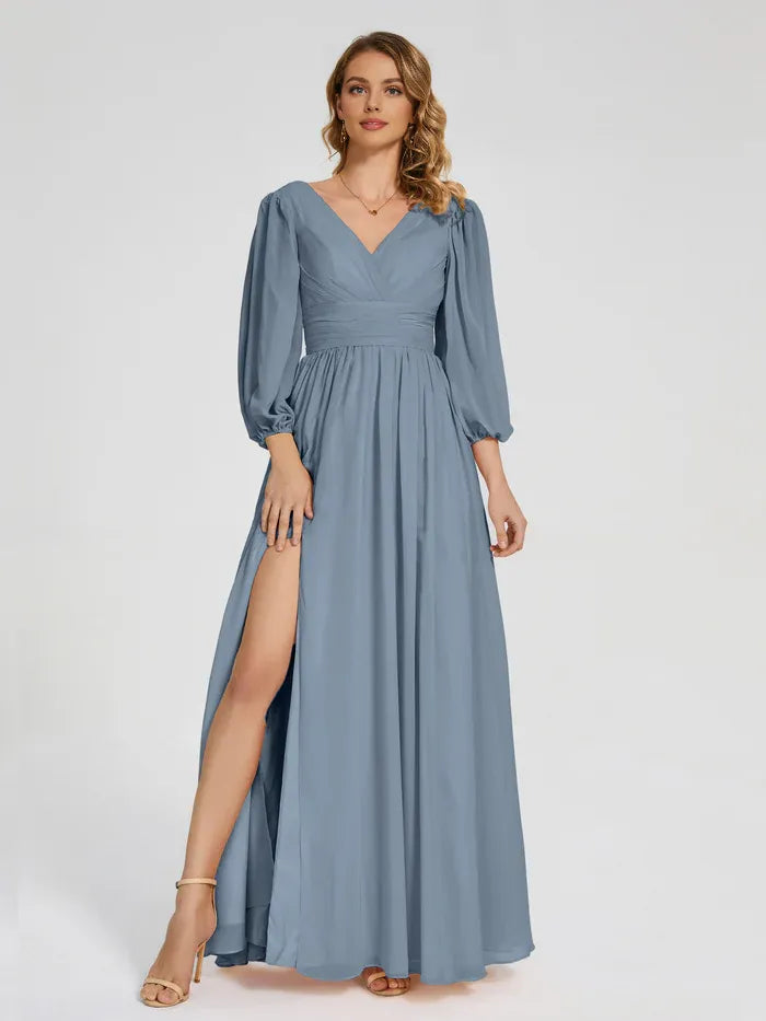 Simple A-line V-neck Long Sleeves Chiffon Pleated Floor-Length Bridesmaid Dress