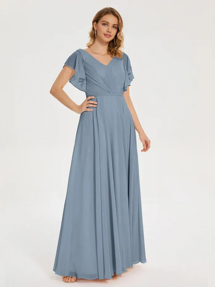Simple A-line V-neck Short Sleeves Chiffon Pleated Floor Length Bridesmaid Dress