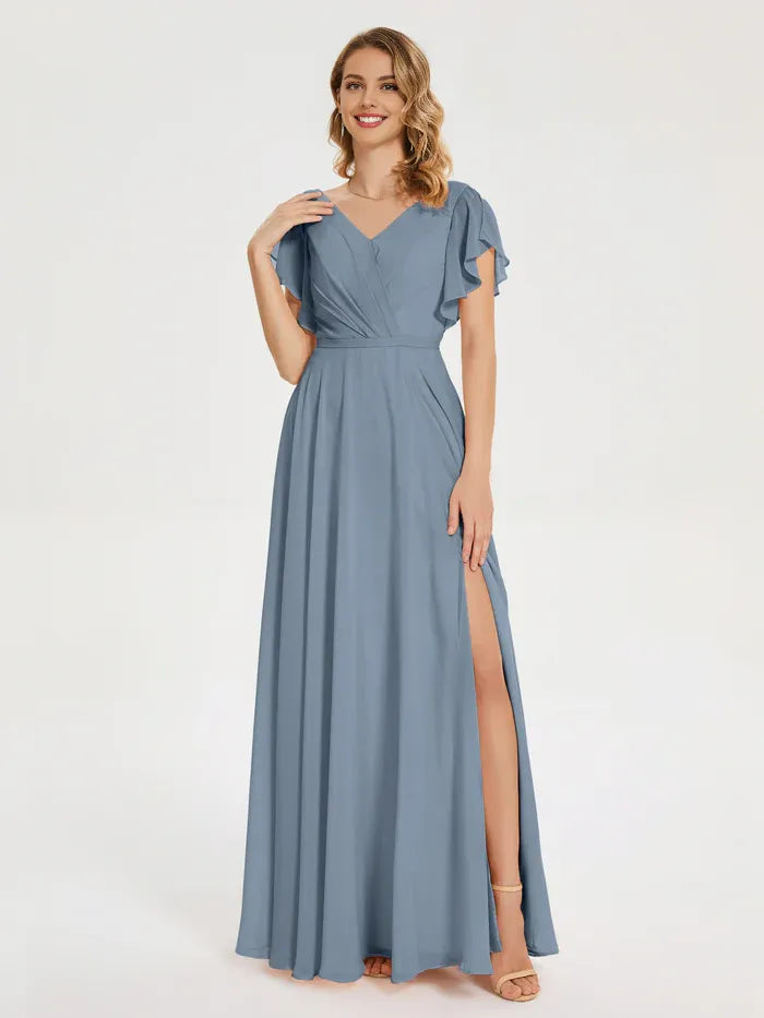 Simple A-line V-neck Short Sleeves Chiffon Pleated Floor Length Bridesmaid Dress