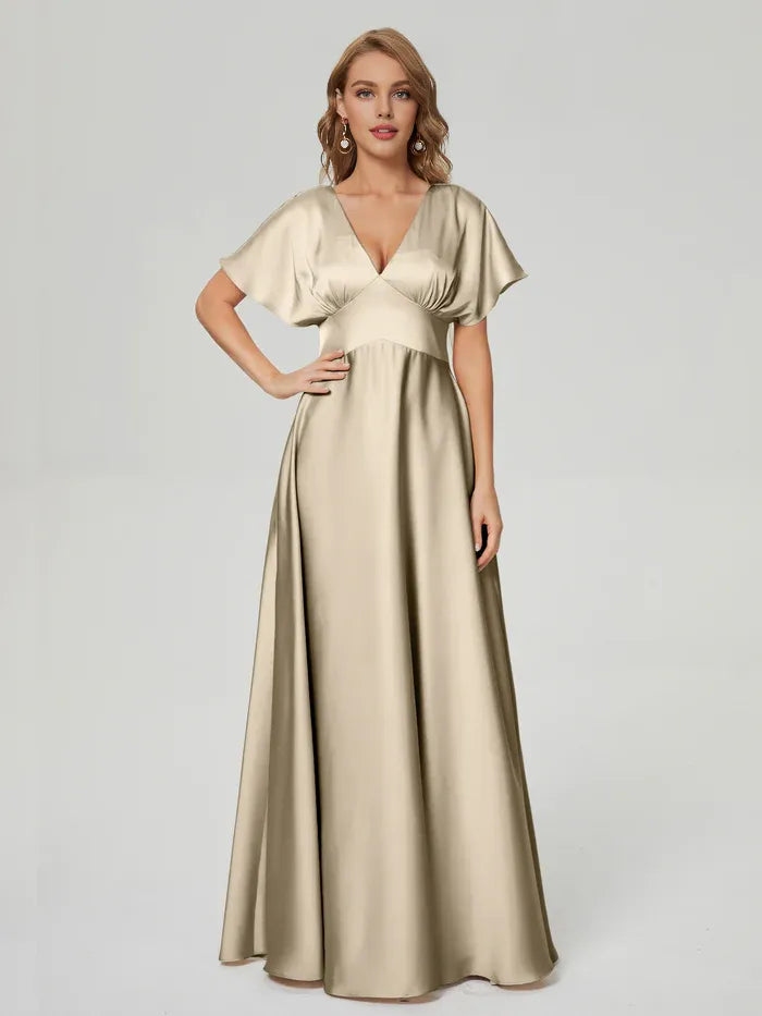 Simple A-line V-neck Short Sleeves Satin Pleated Floor-Length Bridesmaid Dress