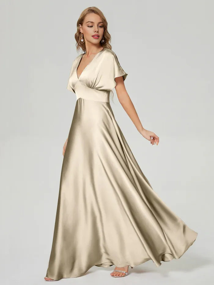 Simple A-line V-neck Short Sleeves Satin Pleated Floor-Length Bridesmaid Dress