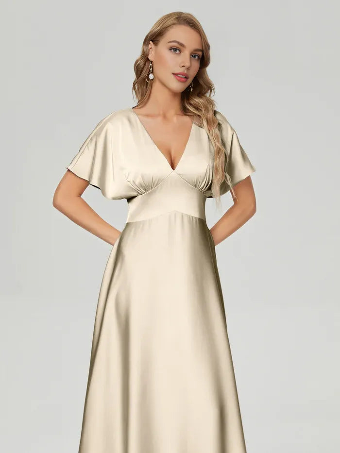 Simple A-line V-neck Short Sleeves Satin Pleated Floor-Length Bridesmaid Dress