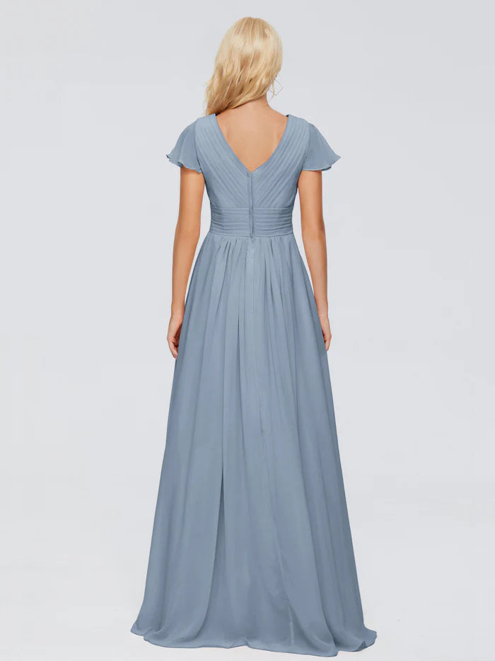 Simple A-line V Neck Cap Sleeves Chiffon Ruffles Floor-Length Bridesmaid Dress