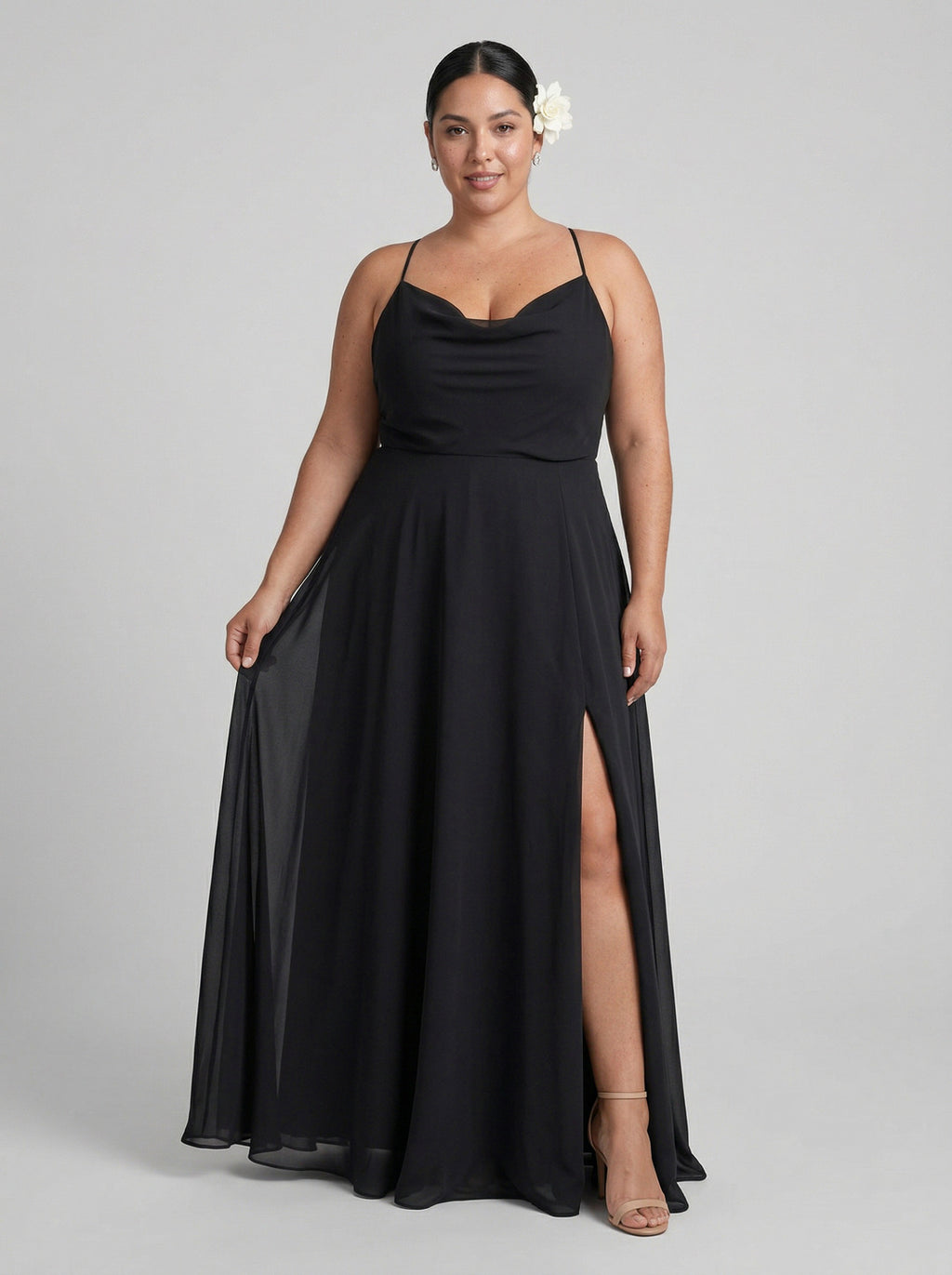 Black Chiffon A-Line Cowl Neck Criss-Cross Straps Ankle-Length Plus Size Bridesmaid Dress