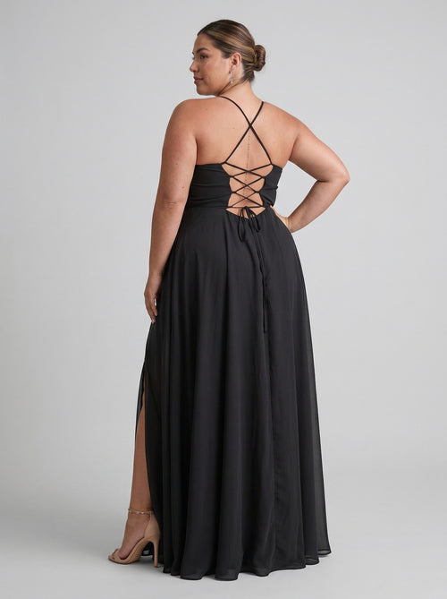 Black Chiffon A-Line Cowl Neck Criss-Cross Straps Ankle-Length Plus Size Bridesmaid Dress