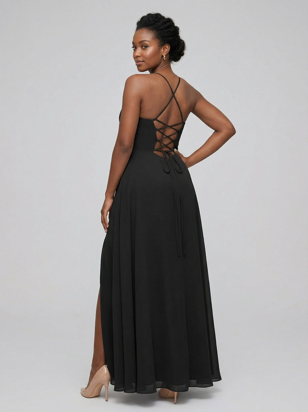 Plus Size Black Chiffon A-Line Cowl Neck Criss-Cross Straps Ankle-Length Bridesmaid Dress