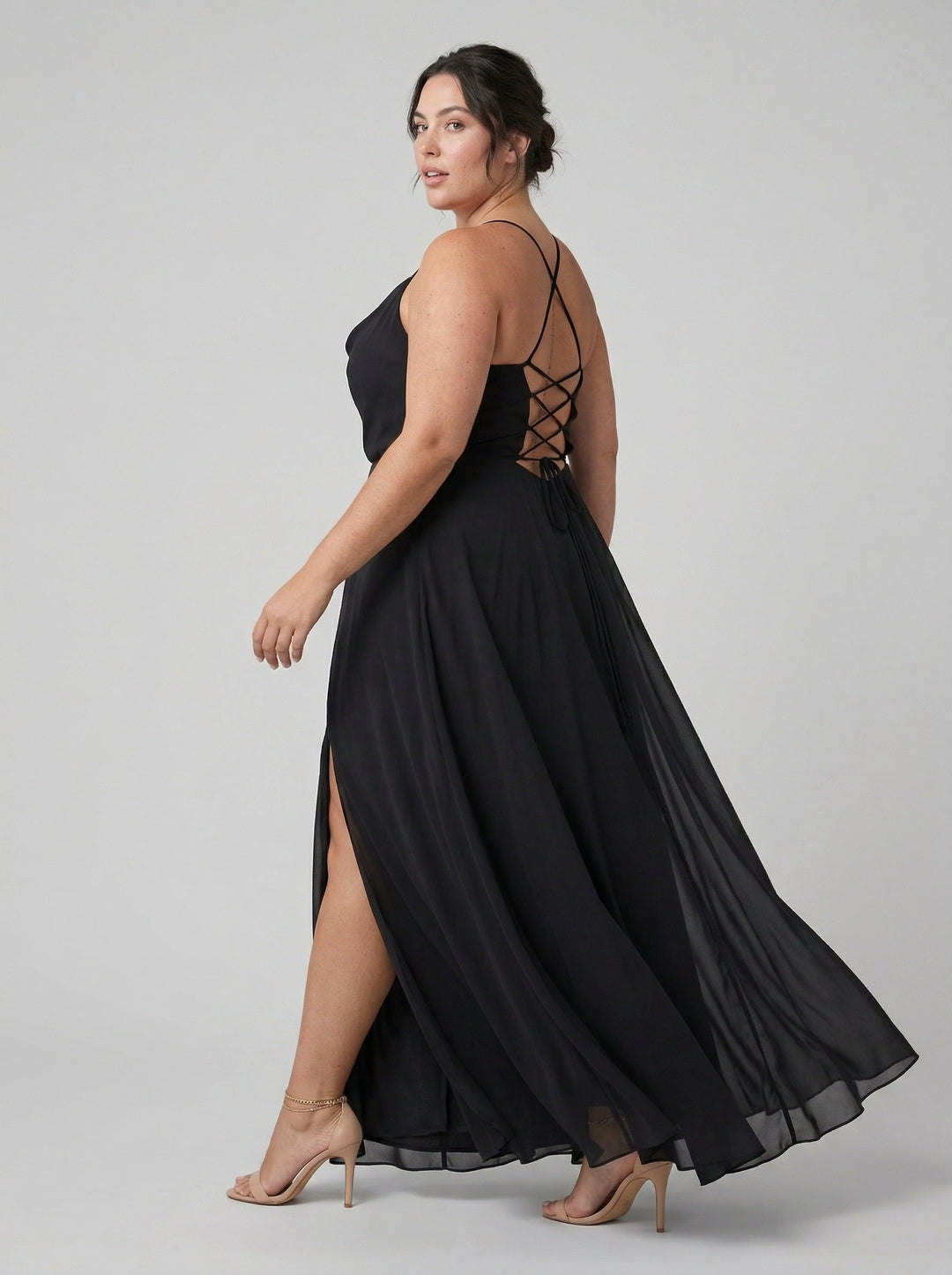 Plus Size Black Chiffon A-Line Cowl Neck Criss-Cross Straps Ankle-Length Bridesmaid Dress