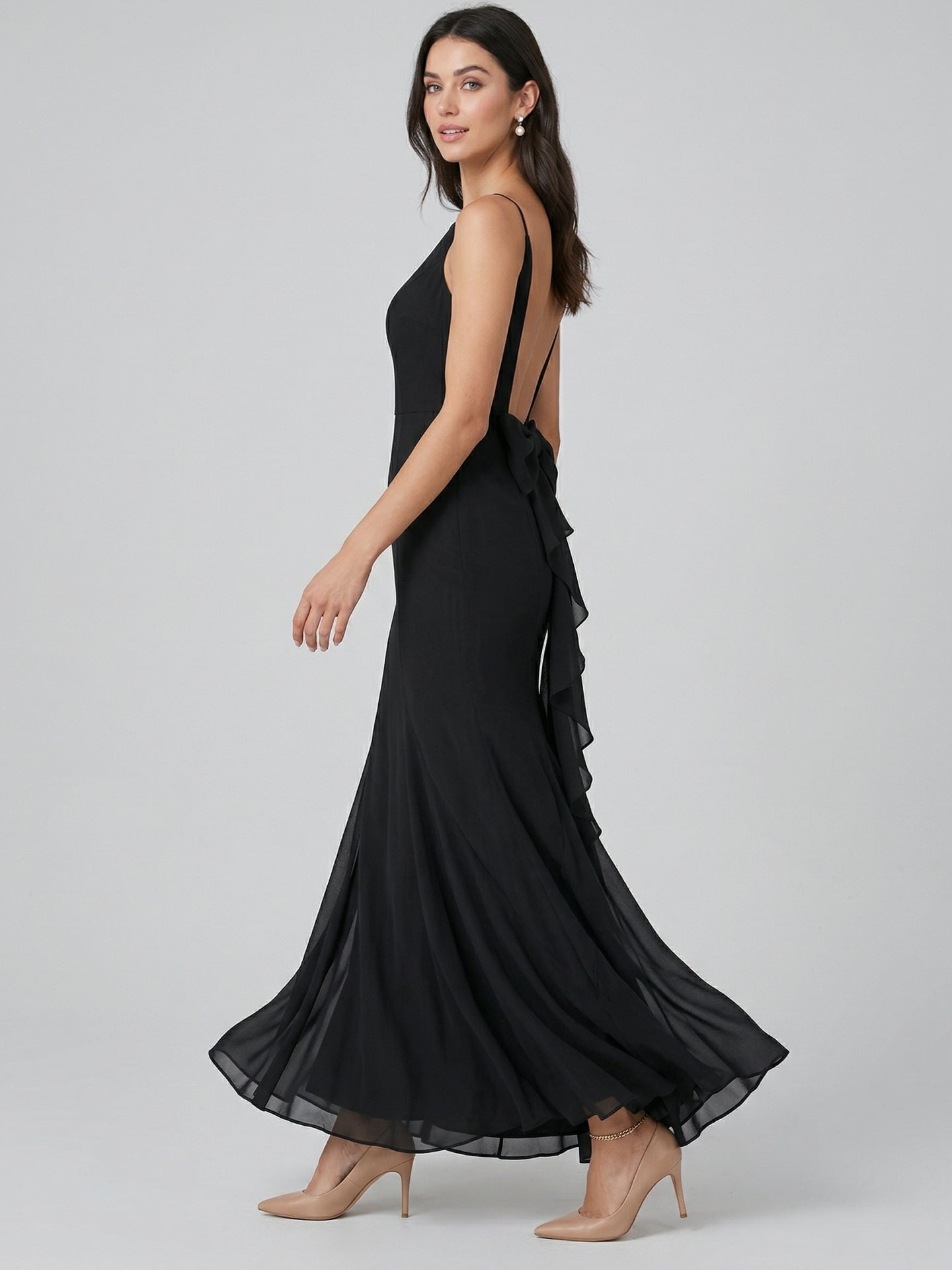 Simple Black Chiffon Trumpet Scoop Neck Backless Ankle-Length with Bow Bridesmaid Dress