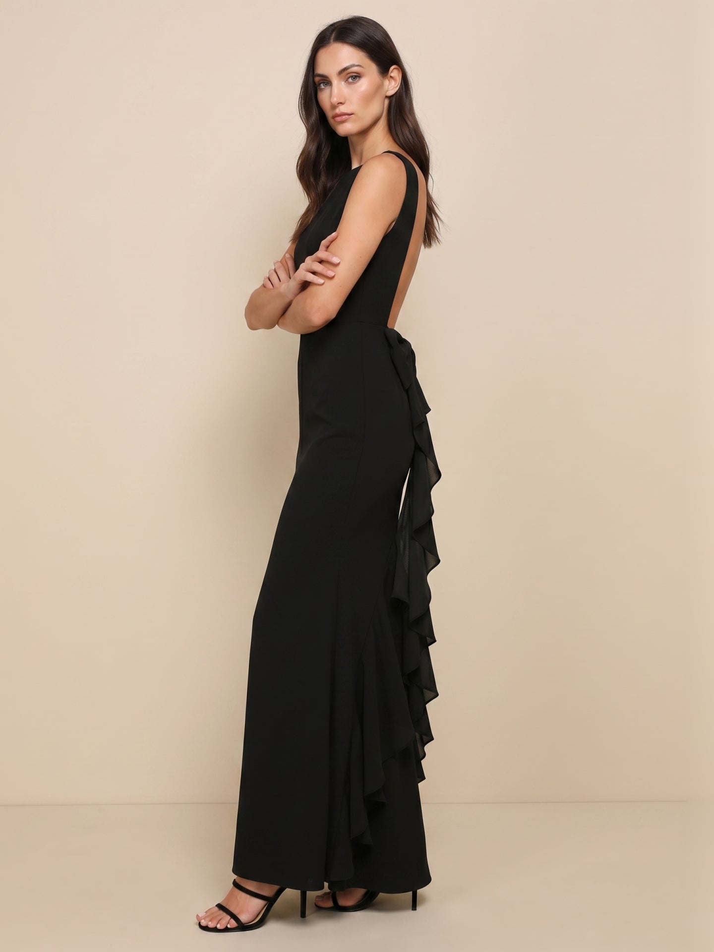 Simple Black Chiffon Trumpet Scoop Neck Backless Ankle-Length with Bow Bridesmaid Dress