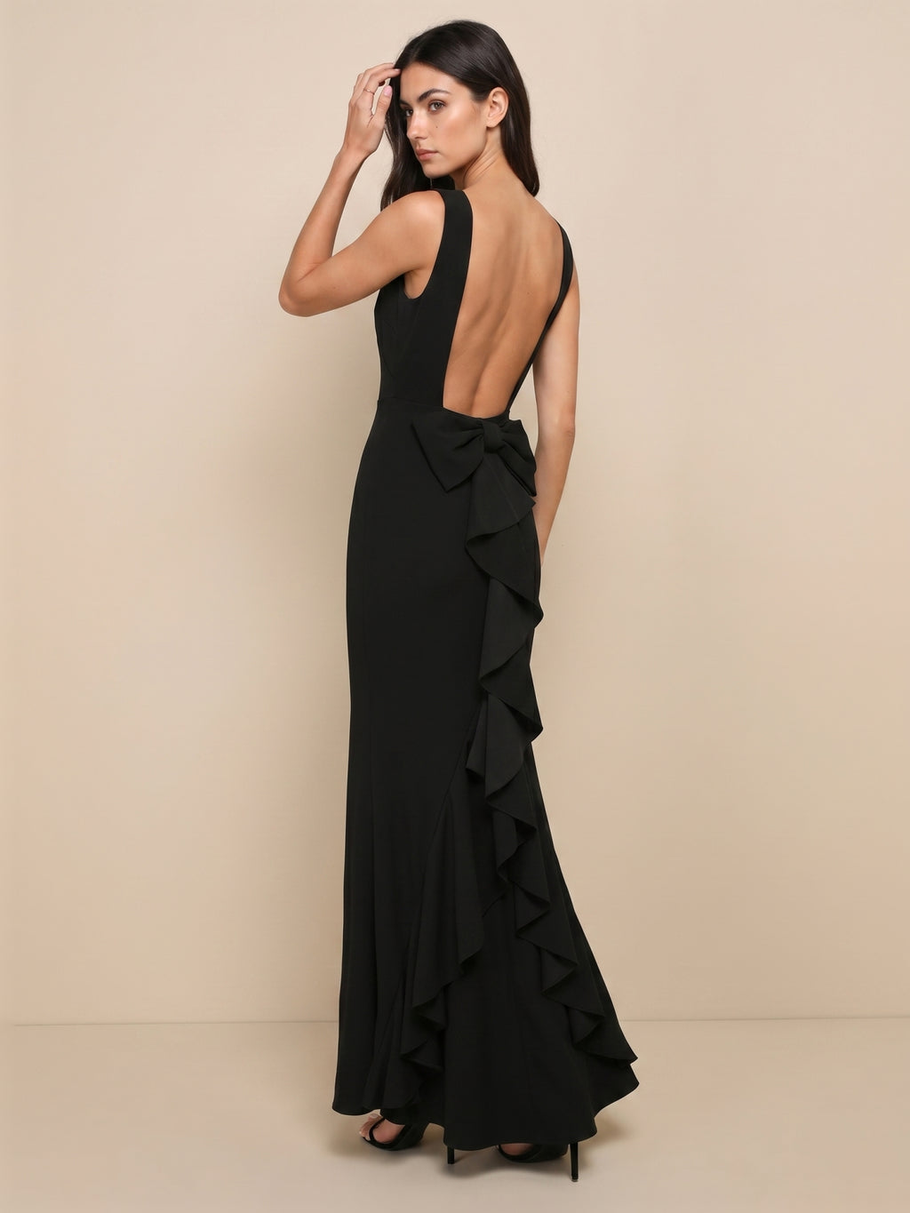 Simple Black Chiffon Trumpet Scoop Neck Backless Ankle-Length with Bow Bridesmaid Dress