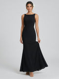 Simple Black Chiffon Trumpet Scoop Neck Backless Ankle-Length with Bow Bridesmaid Dress