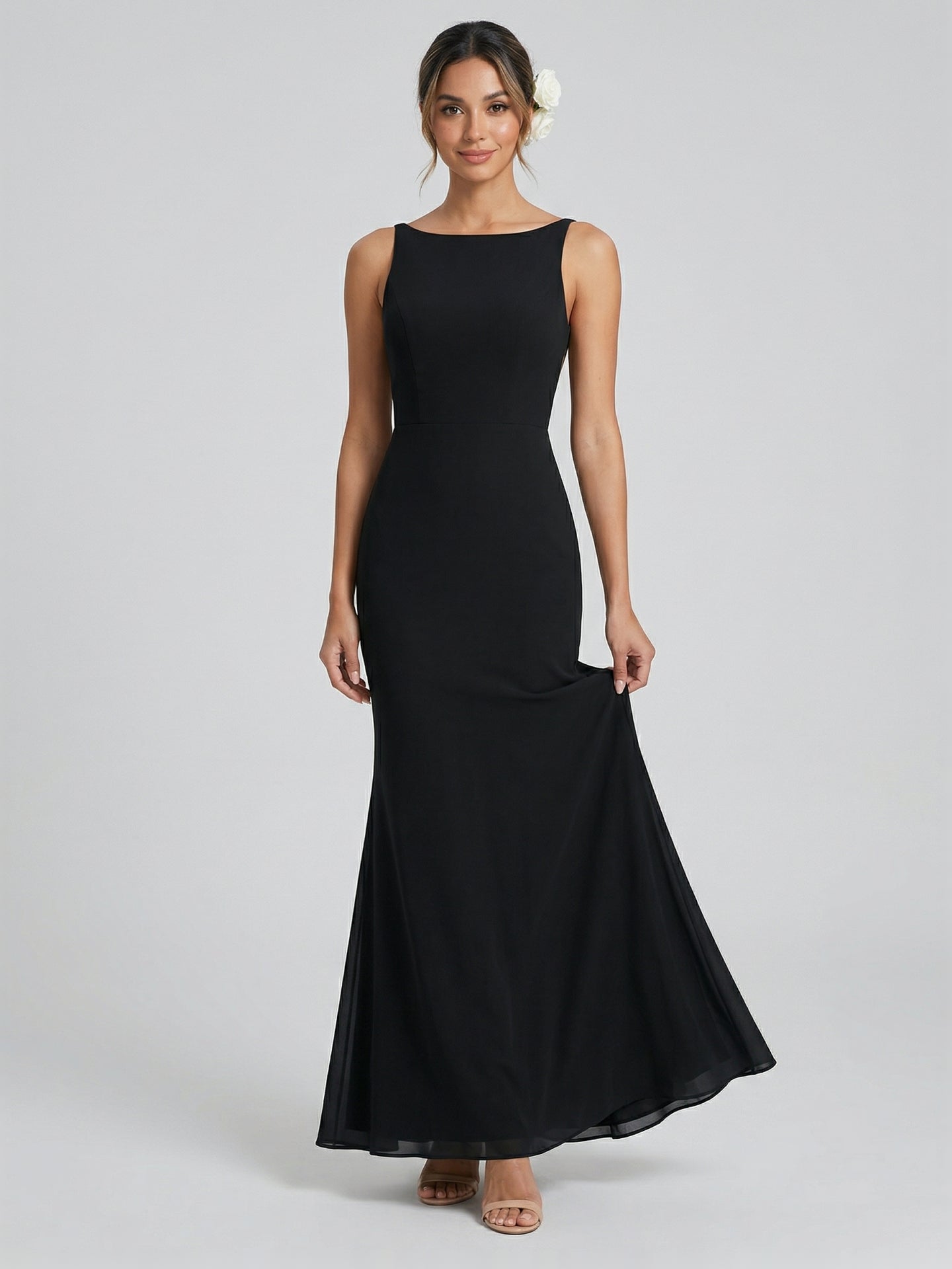 Simple Black Chiffon Trumpet Scoop Neck Backless Ankle-Length with Bow Bridesmaid Dress