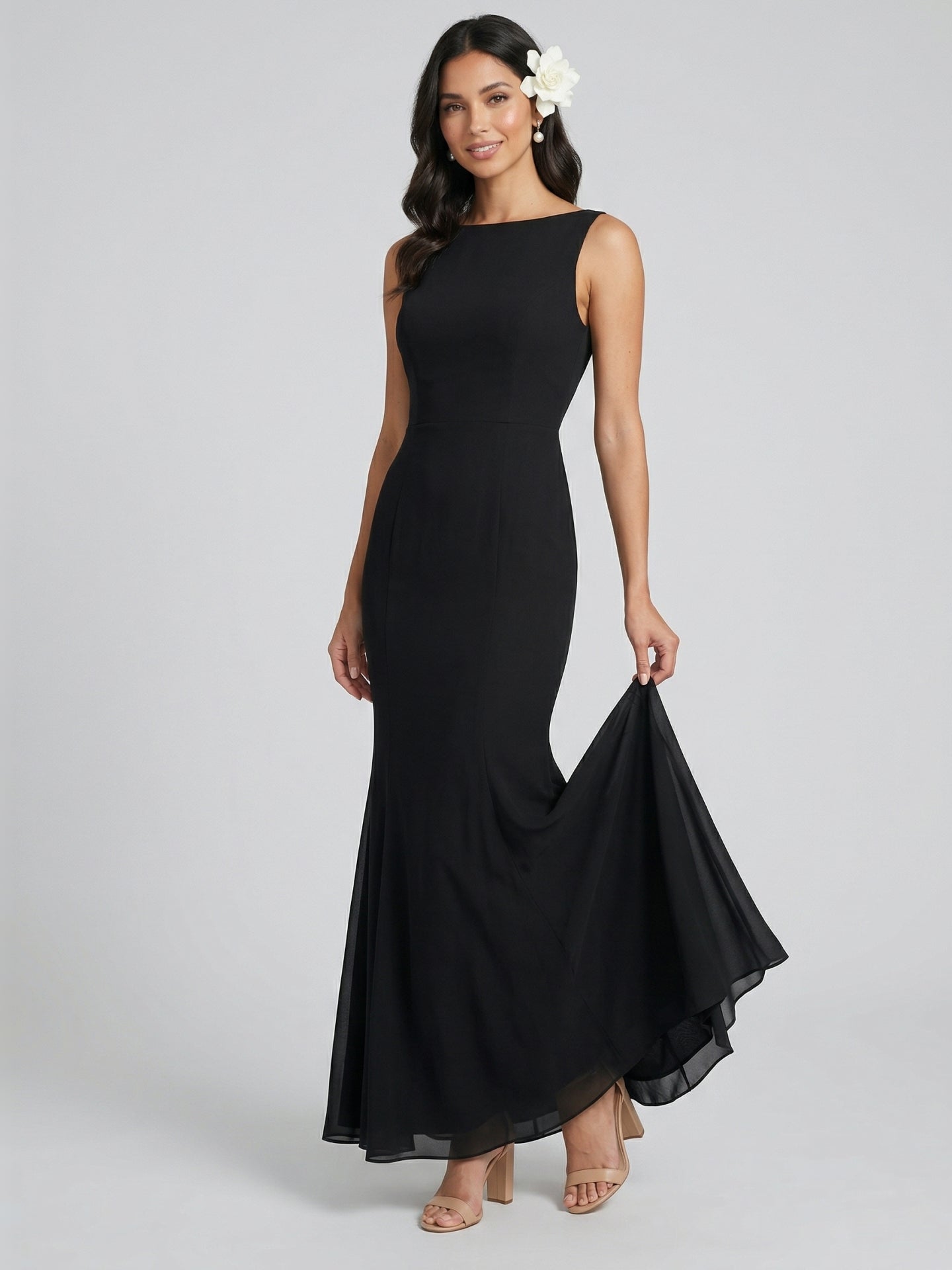 Simple Black Chiffon Trumpet Scoop Neck Backless Ankle-Length with Bow Bridesmaid Dress