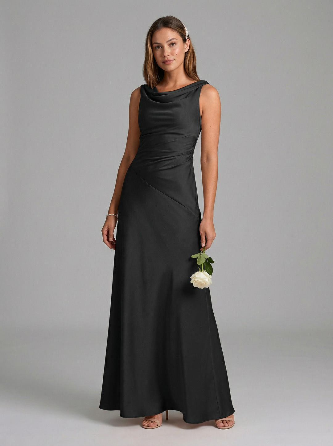 Simple Black Satin A-Line Cowl Neck Back Zip Ankle-Length Bridesmaid Dress