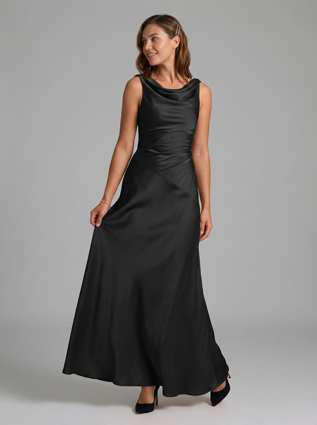 Simple Black Satin A-Line Cowl Neck Back Zip Ankle-Length Bridesmaid Dress