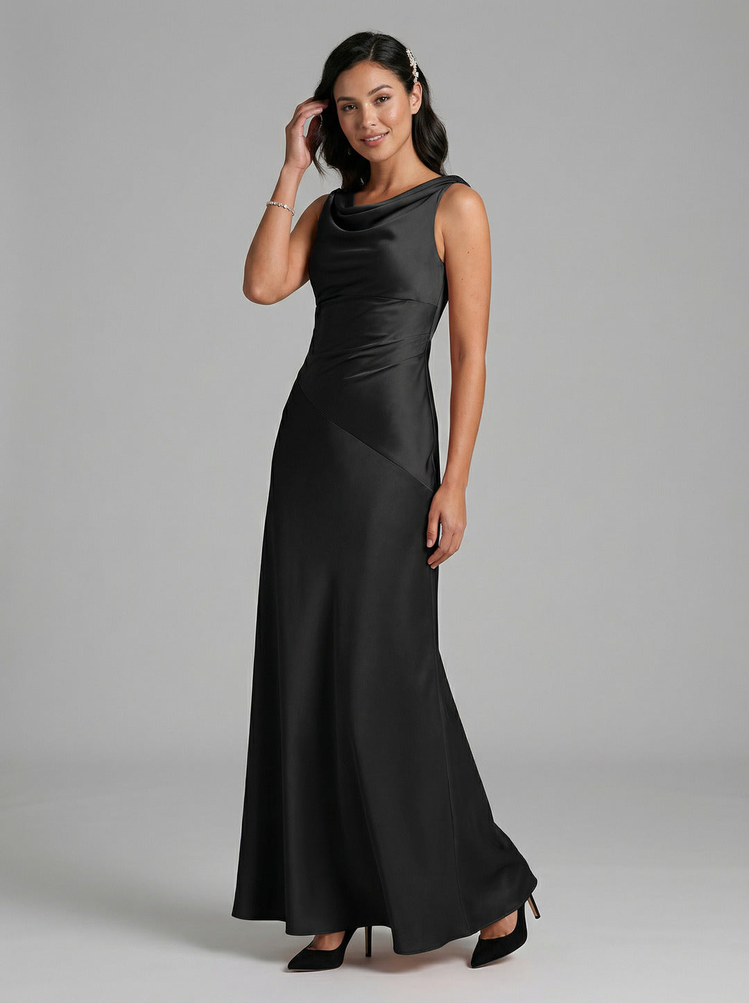 Simple Black Satin A-Line Cowl Neck Back Zip Ankle-Length Bridesmaid Dress