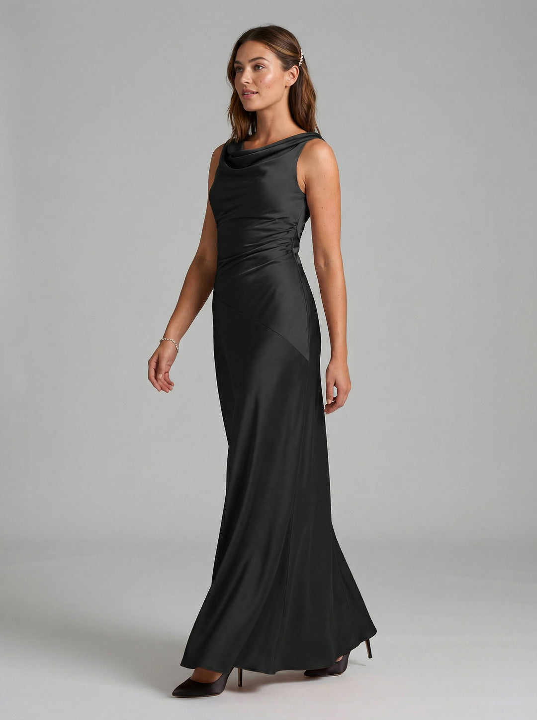 Simple Black Satin A-Line Cowl Neck Back Zip Ankle-Length Bridesmaid Dress