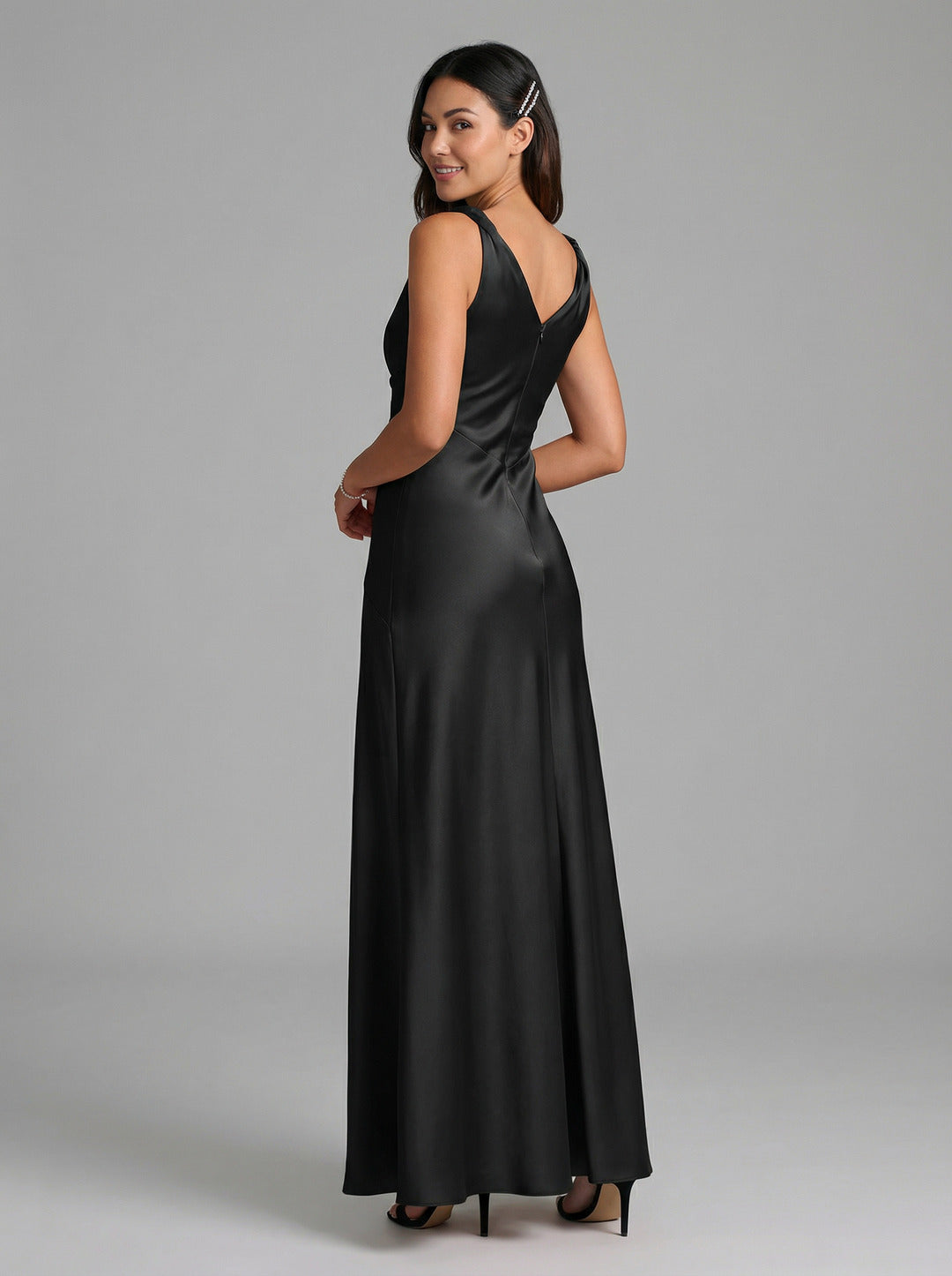 Simple Black Satin A-Line Cowl Neck Back Zip Ankle-Length Bridesmaid Dress