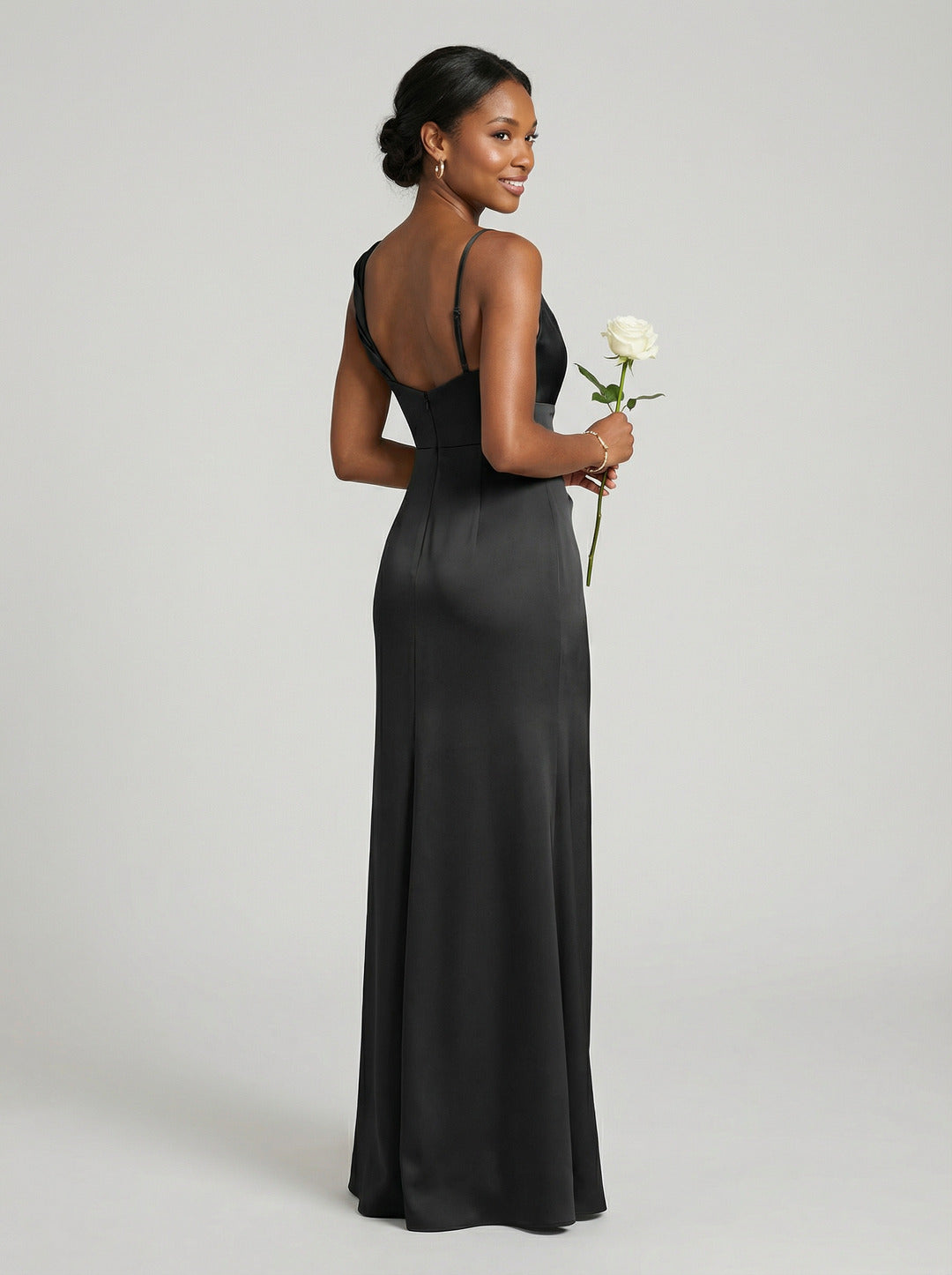 Simple Black Satin Sheath Cowl Neck Backless Ankle-Length Bridesmaid Dress