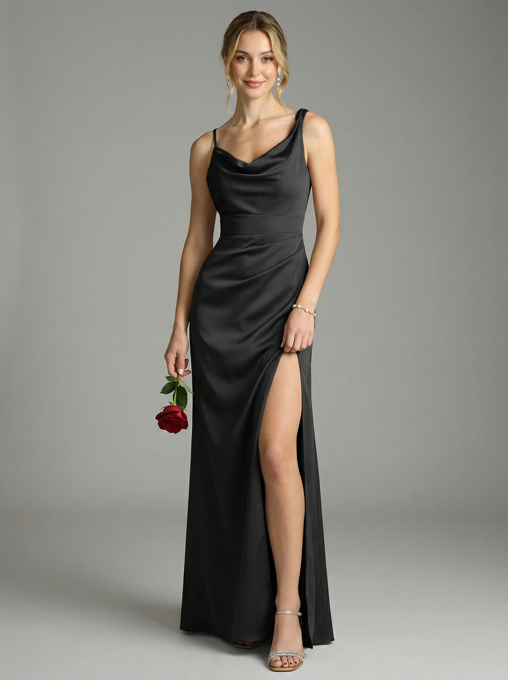 Simple Black Satin Sheath Cowl Neck Backless Ankle-Length Bridesmaid Dress