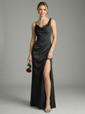 Simple Black Satin Sheath Cowl Neck Backless Ankle-Length Bridesmaid Dress
