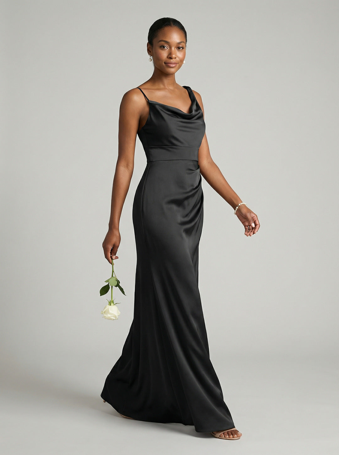 Simple Black Satin Sheath Cowl Neck Backless Ankle-Length Bridesmaid Dress