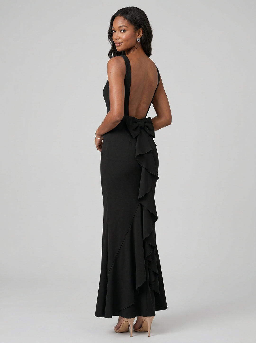 Simple Black Chiffon Trumpet Off-the-Shoulder Backless Ankle-Length with Bow Bridesmaid Dress