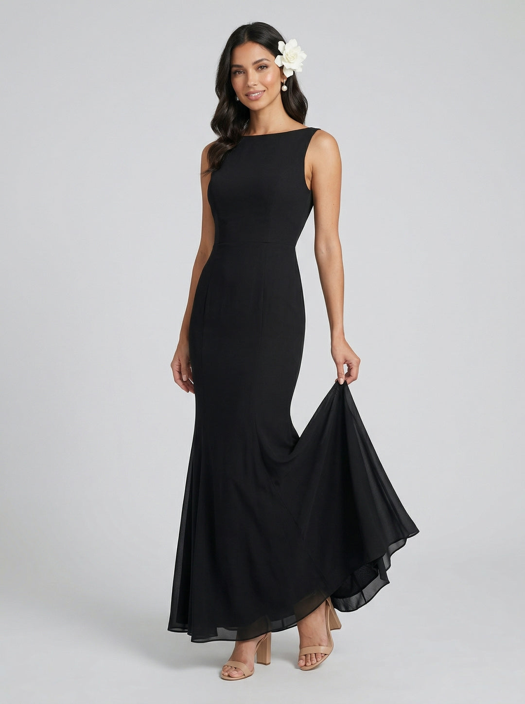 Simple Black Chiffon Trumpet Off-the-Shoulder Backless Ankle-Length with Bow Bridesmaid Dress