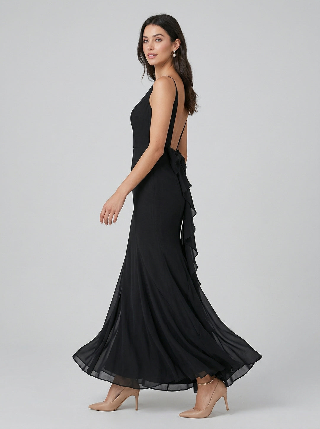 Simple Black Chiffon Trumpet Off-the-Shoulder Backless Ankle-Length with Bow Bridesmaid Dress