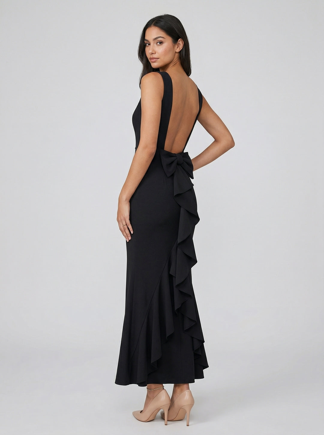 Simple Black Chiffon Trumpet Off-the-Shoulder Backless Ankle-Length with Bow Bridesmaid Dress