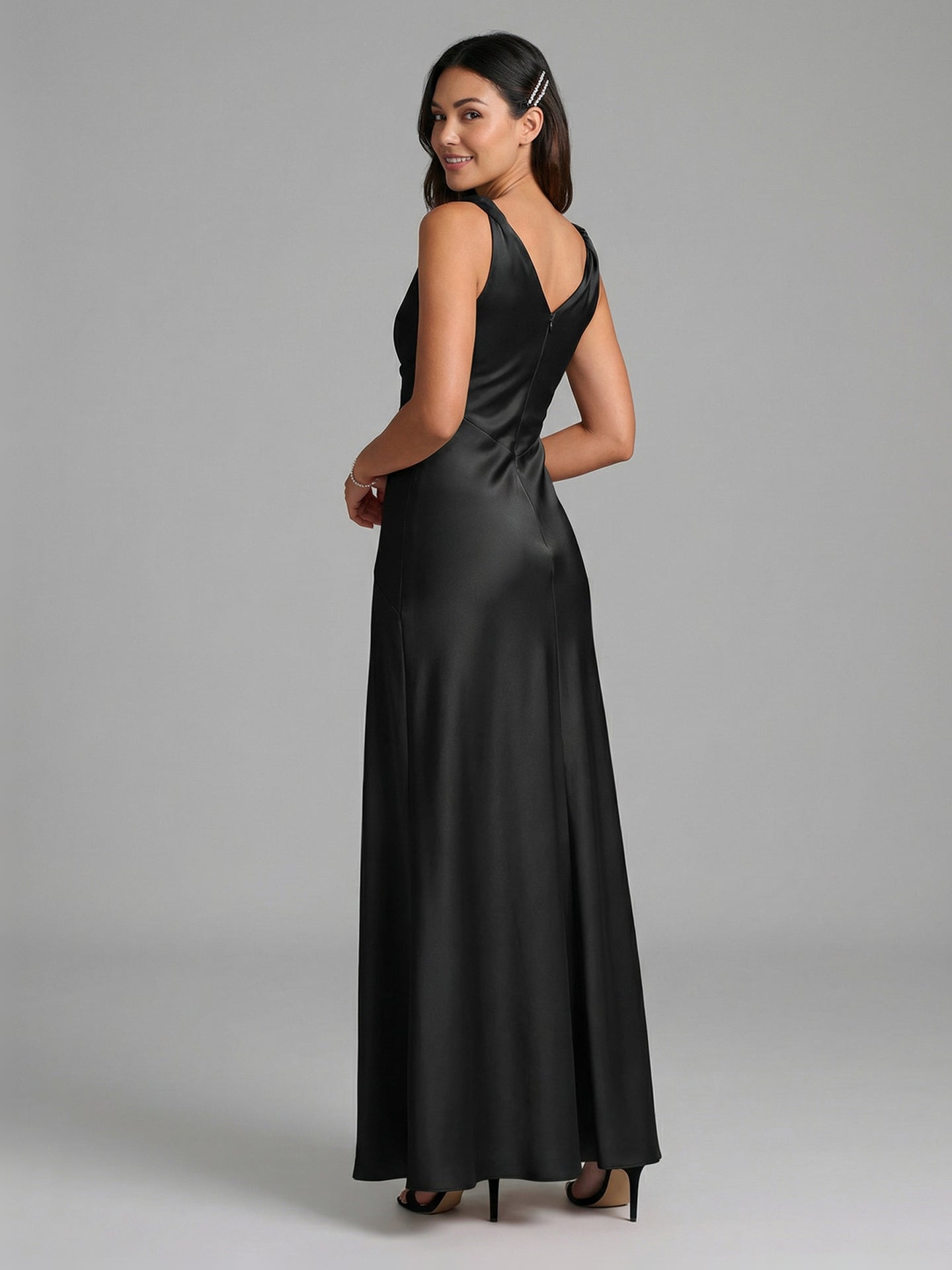 Simple Black Satin A-Line Cowl Neck Back Zip Ankle-Length Bridesmaid Dress